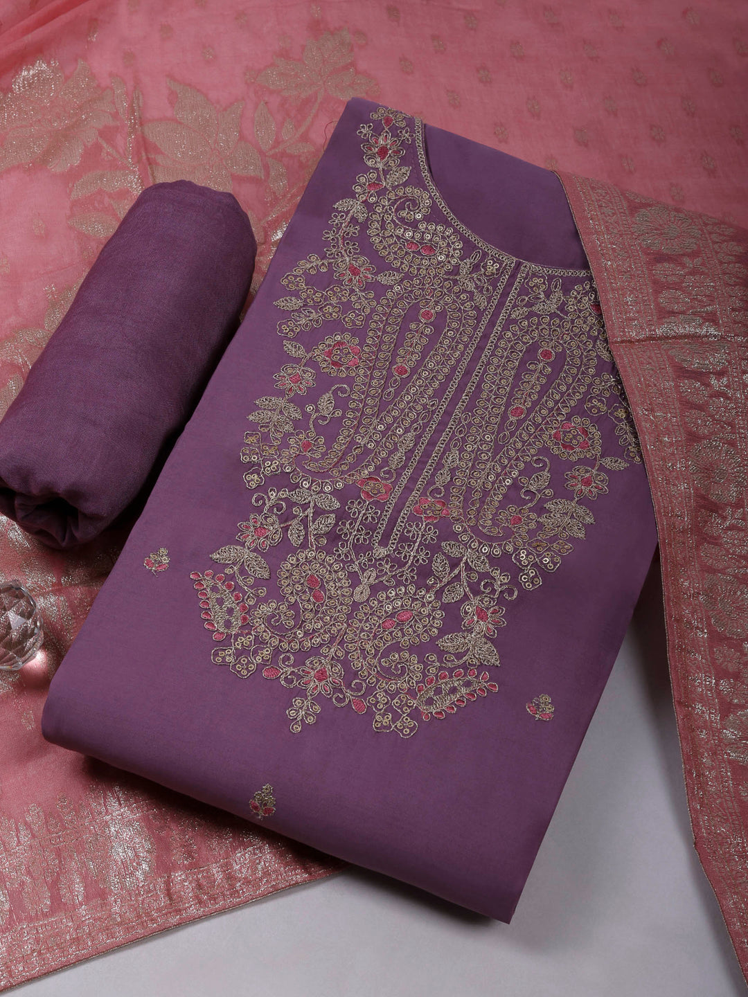 Lavender Chanderi Embroidered Unstitched Dress Material