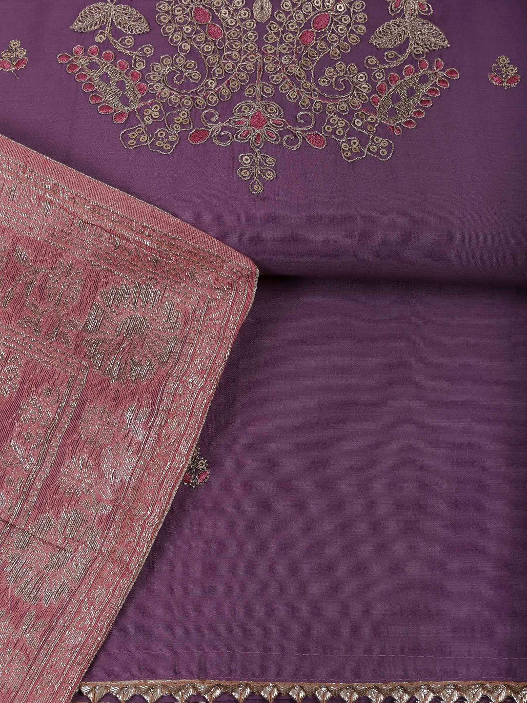 Lavender Chanderi Embroidered Unstitched Dress Material