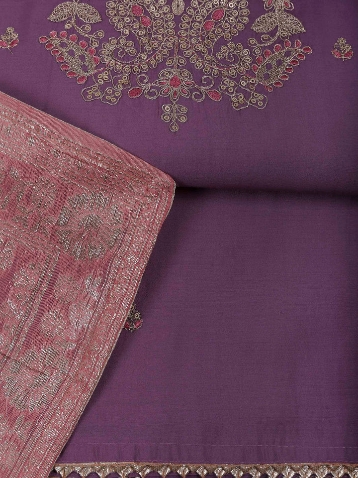 Lavender Chanderi Embroidered Unstitched Dress Material