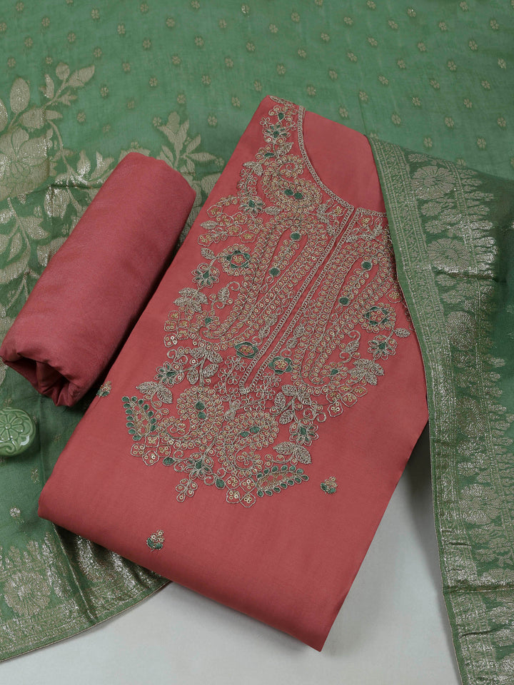 Peach Chanderi Embroidered Unstitched Dress Material
