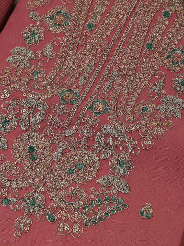 Peach Chanderi Embroidered Unstitched Dress Material