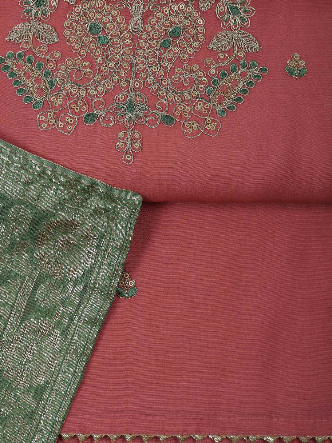 Peach Chanderi Embroidered Unstitched Dress Material