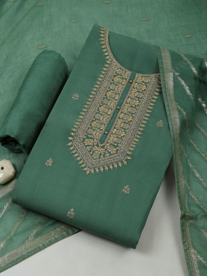 Aqua Green Chanderi Embroidered Unstitched Dress Material
