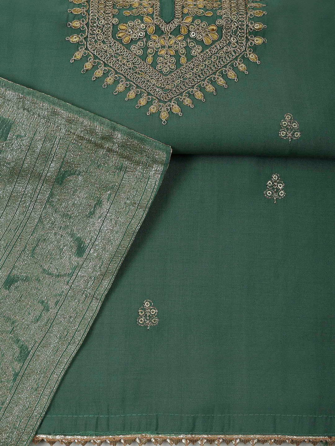 Aqua Green Chanderi Embroidered Unstitched Dress Material