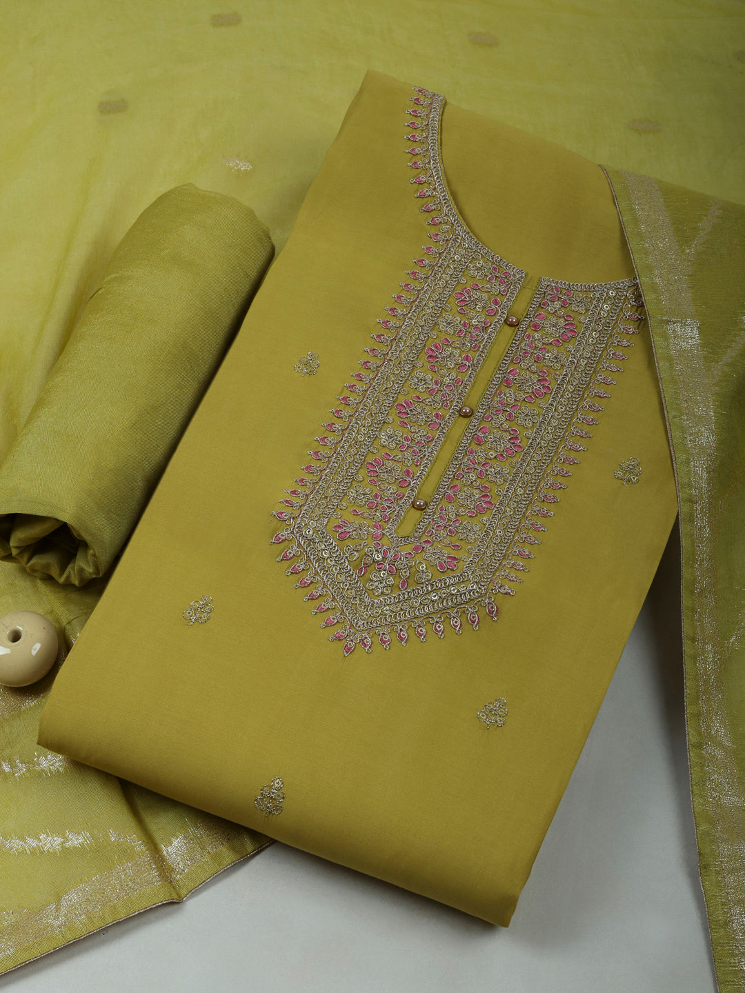 Lemon Chanderi Embroidered Unstitched Dress Material