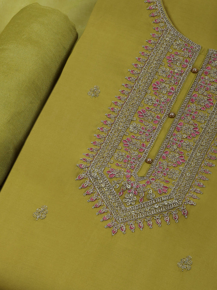 Lemon Chanderi Embroidered Unstitched Dress Material