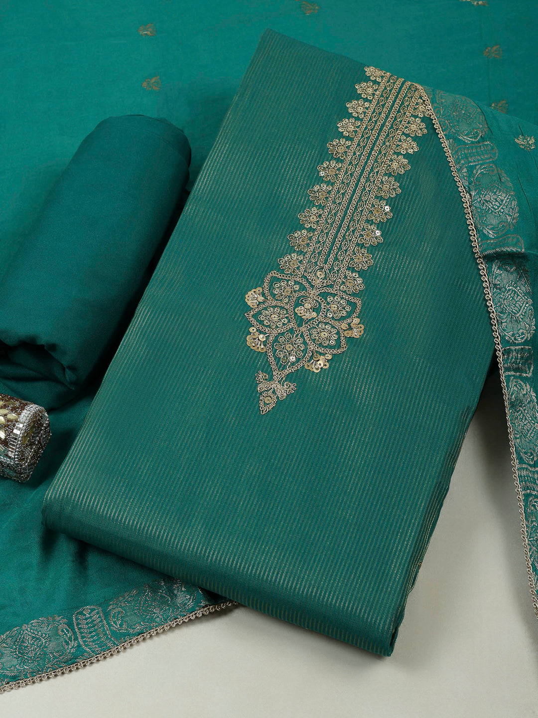 Rama Green Chanderi Embroidered Unstitched Dress Material