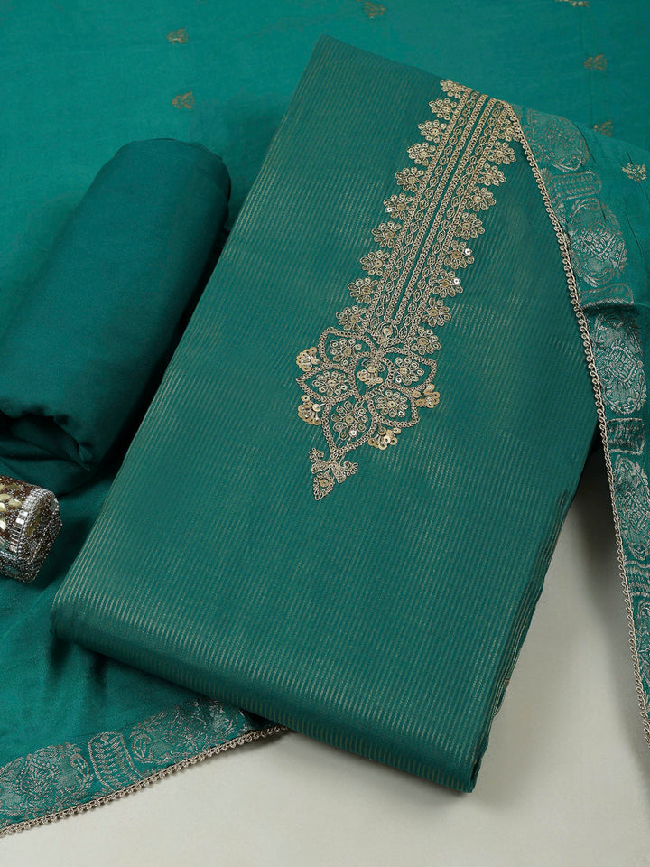 Rama Green Chanderi Embroidered Unstitched Dress Material