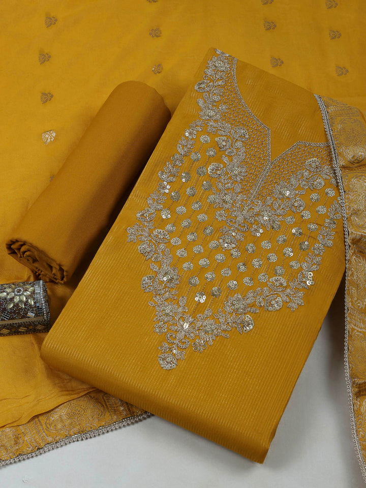 Mustard Chanderi Embroidered Unstitched Dress Material