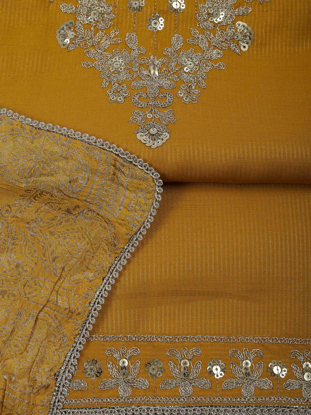 Mustard Chanderi Embroidered Unstitched Dress Material