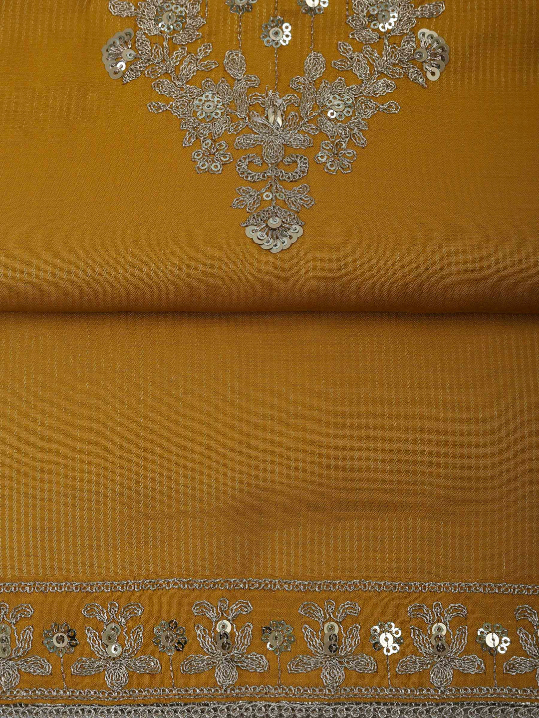 Mustard Chanderi Embroidered Unstitched Dress Material