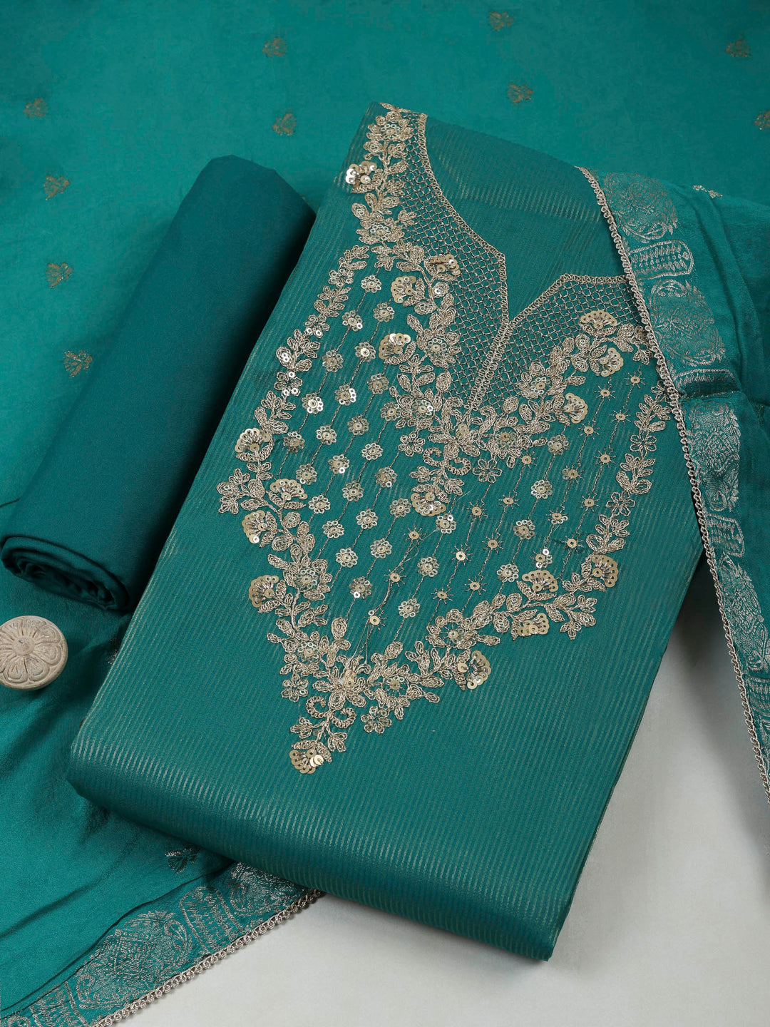 Rama Green Chanderi Embroidered Unstitched Dress Material