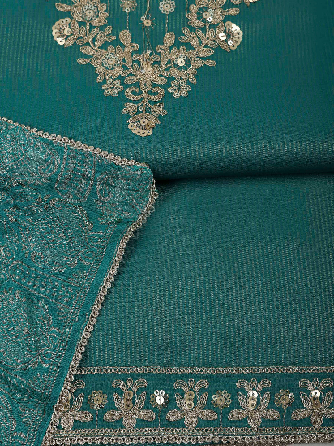Rama Green Chanderi Embroidered Unstitched Dress Material