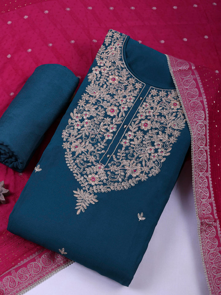Rama Green Cotton Blend Embroidered Unstitched Dress Material