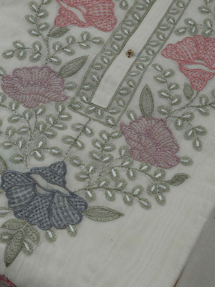 Off White Chanderi Embroidered Unstitched Dress Material