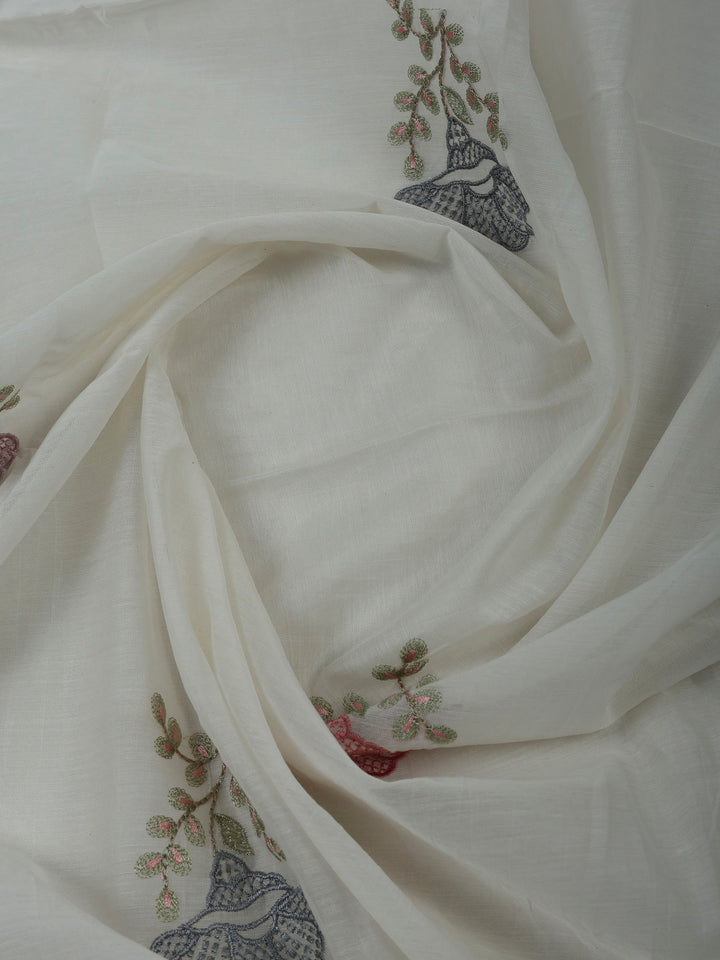 Off White Chanderi Embroidered Unstitched Dress Material