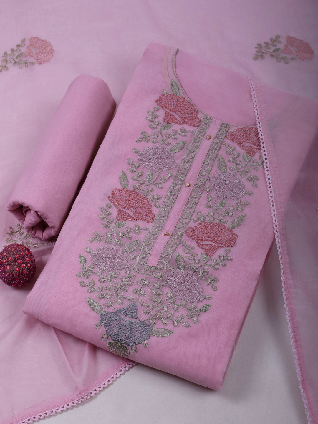Pink Chanderi Embroidered Unstitched Dress Material