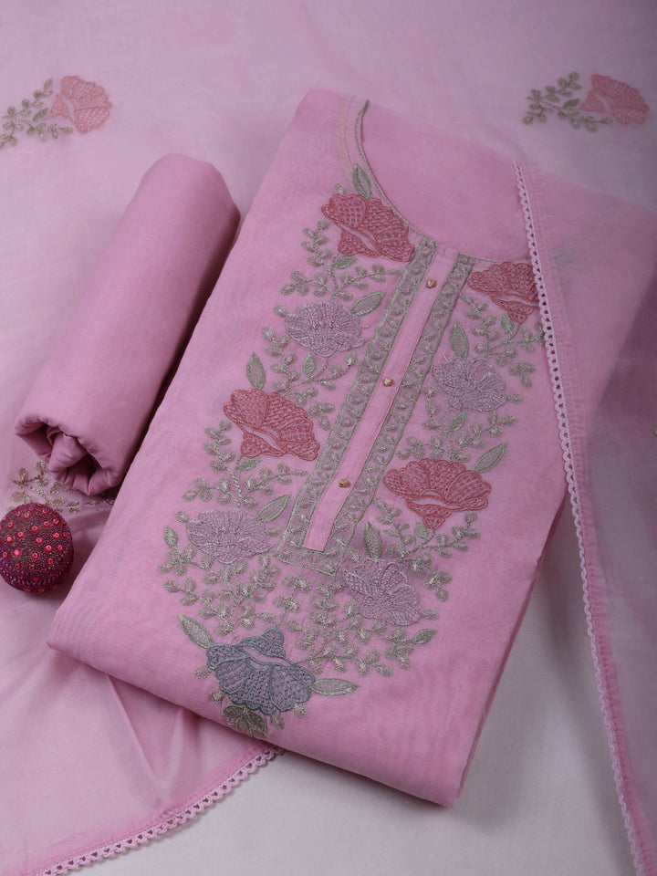 Pink Chanderi Embroidered Unstitched Dress Material