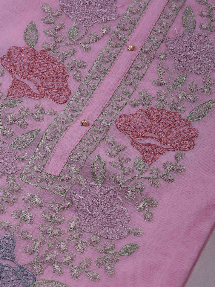 Pink Chanderi Embroidered Unstitched Dress Material