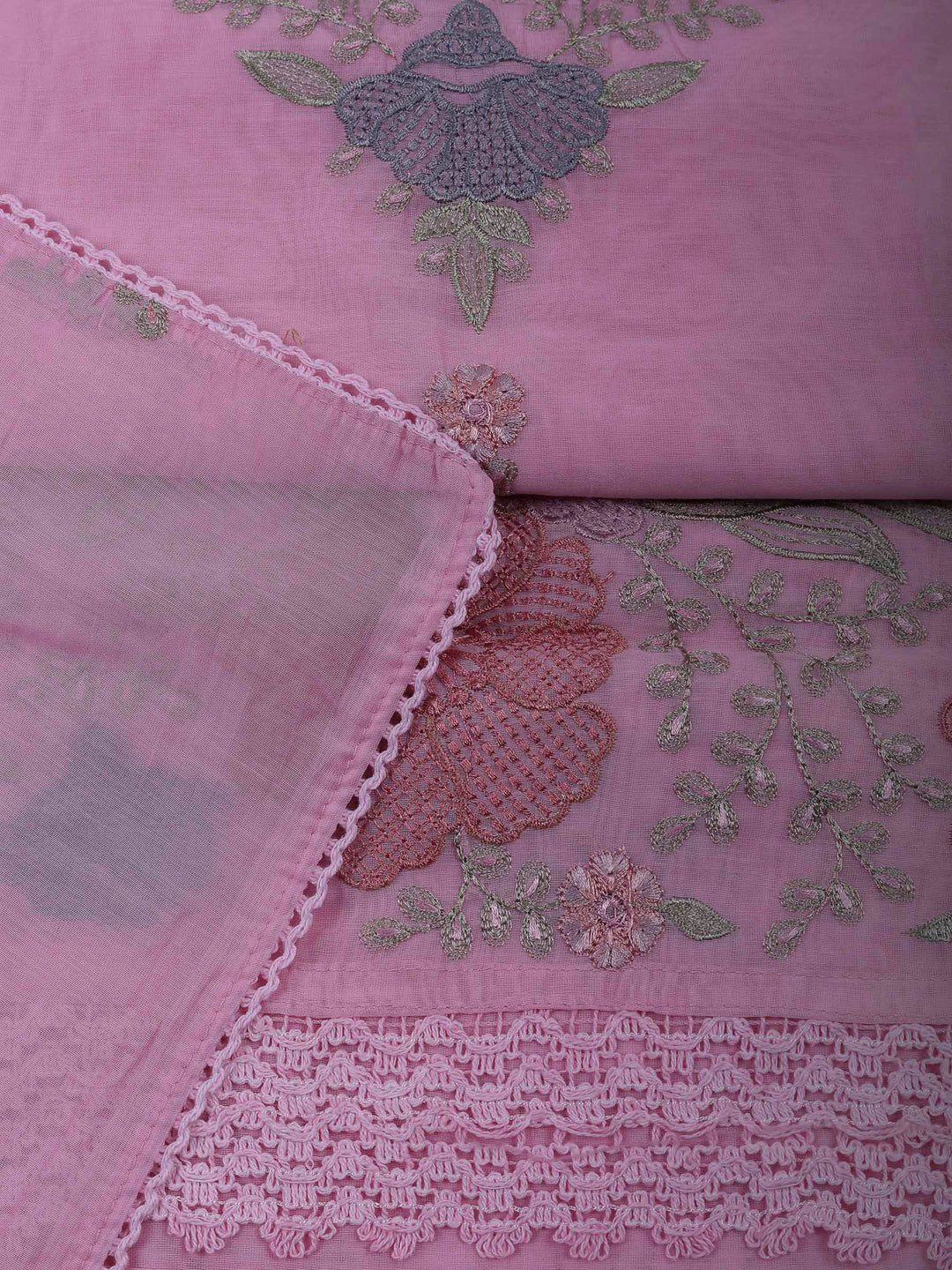 Pink Chanderi Embroidered Unstitched Dress Material