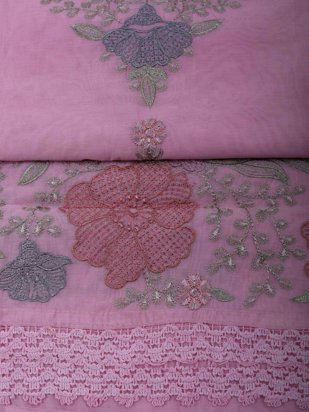 Pink Chanderi Embroidered Unstitched Dress Material