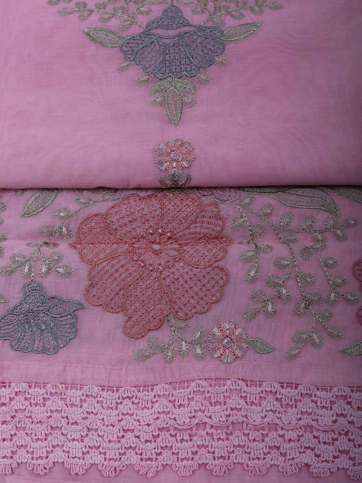 Pink Chanderi Embroidered Unstitched Dress Material