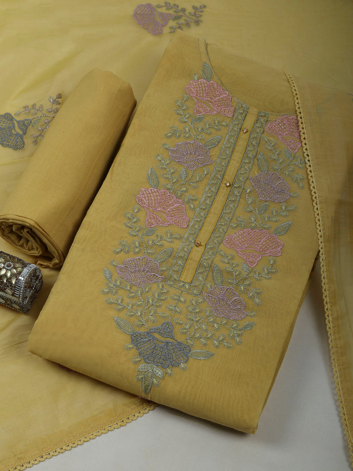 Yellow Chanderi Embroidered Unstitched Dress Material