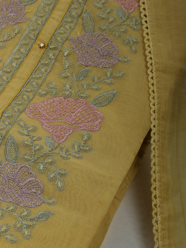 Yellow Chanderi Embroidered Unstitched Dress Material