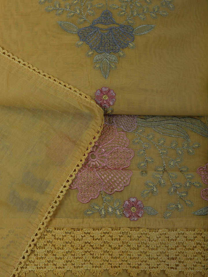 Yellow Chanderi Embroidered Unstitched Dress Material