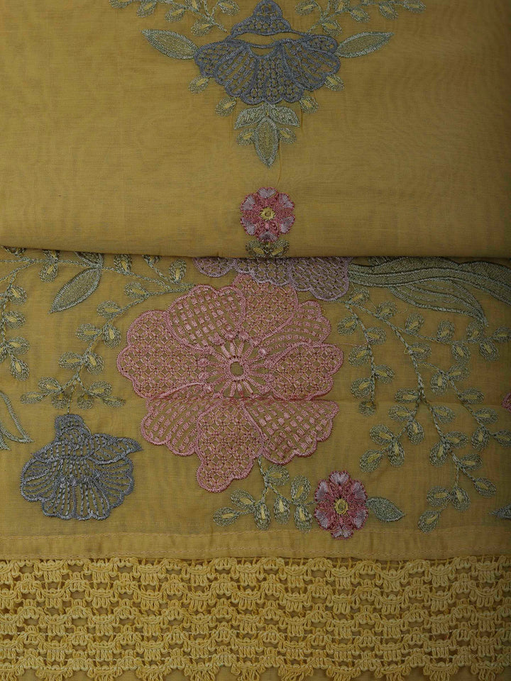 Yellow Chanderi Embroidered Unstitched Dress Material