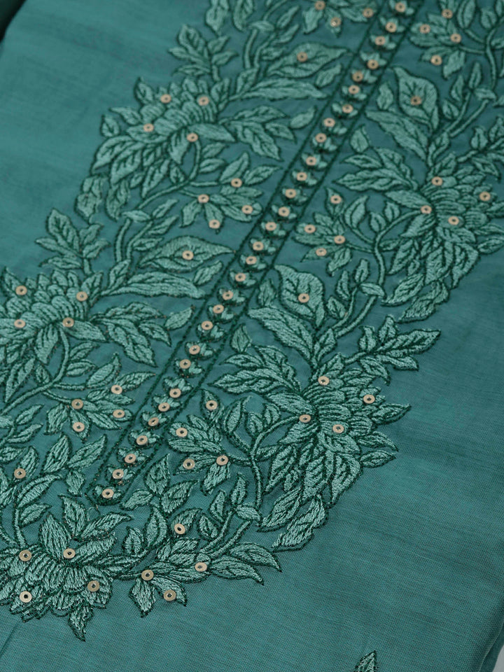Aqua Green Chanderi Embroidered Unstitched Dress Material