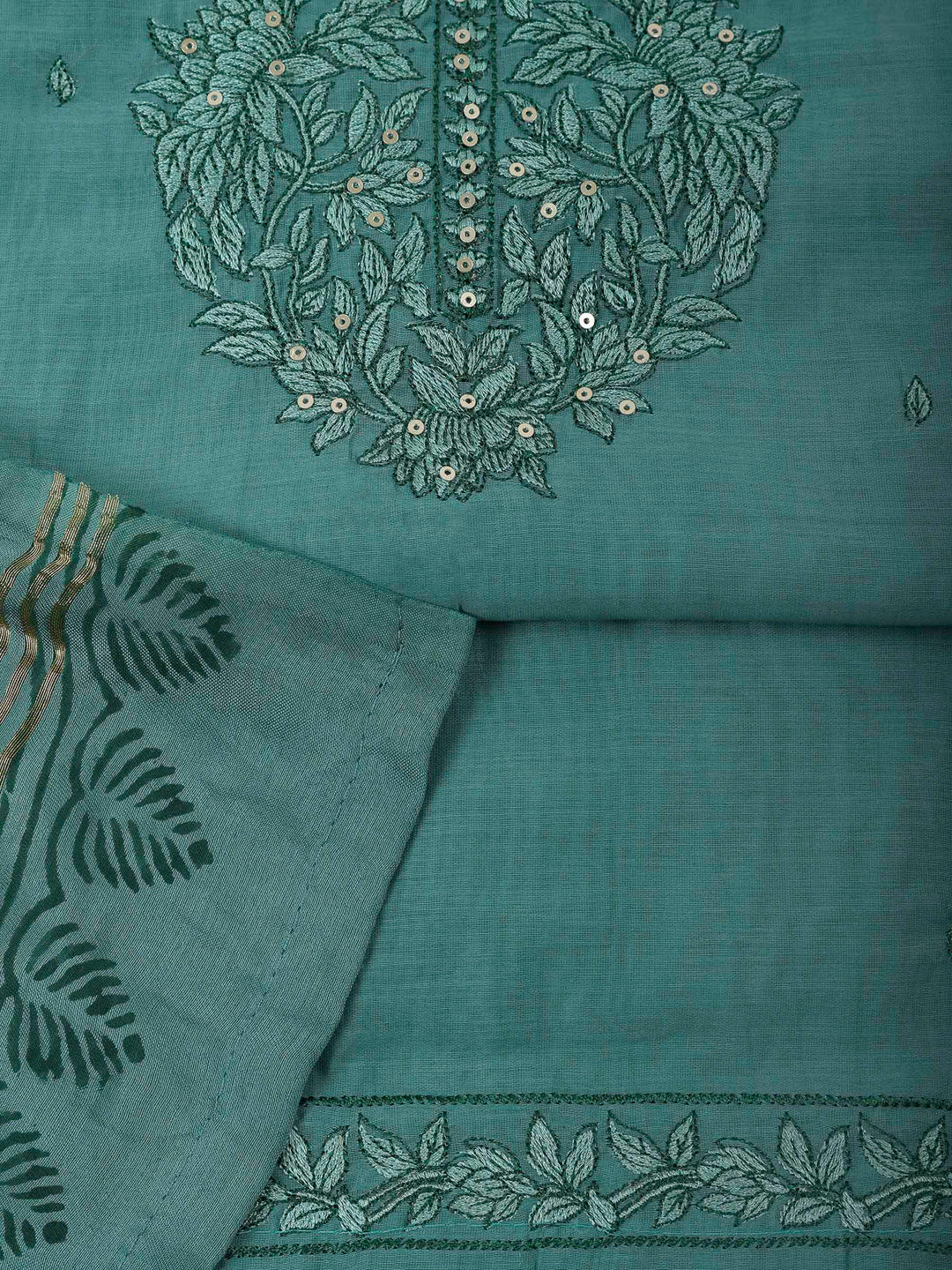 Aqua Green Chanderi Embroidered Unstitched Dress Material