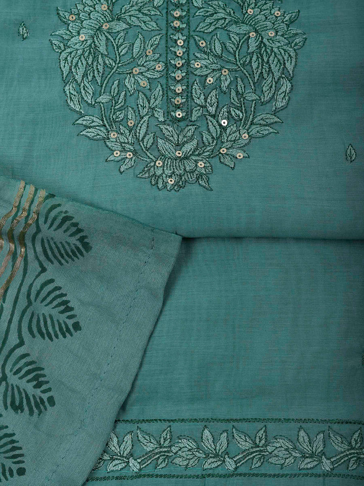 Aqua Green Chanderi Embroidered Unstitched Dress Material