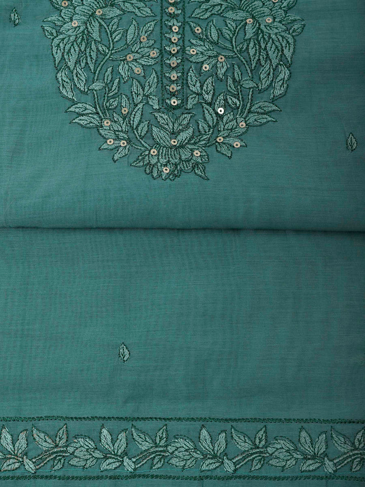 Aqua Green Chanderi Embroidered Unstitched Dress Material