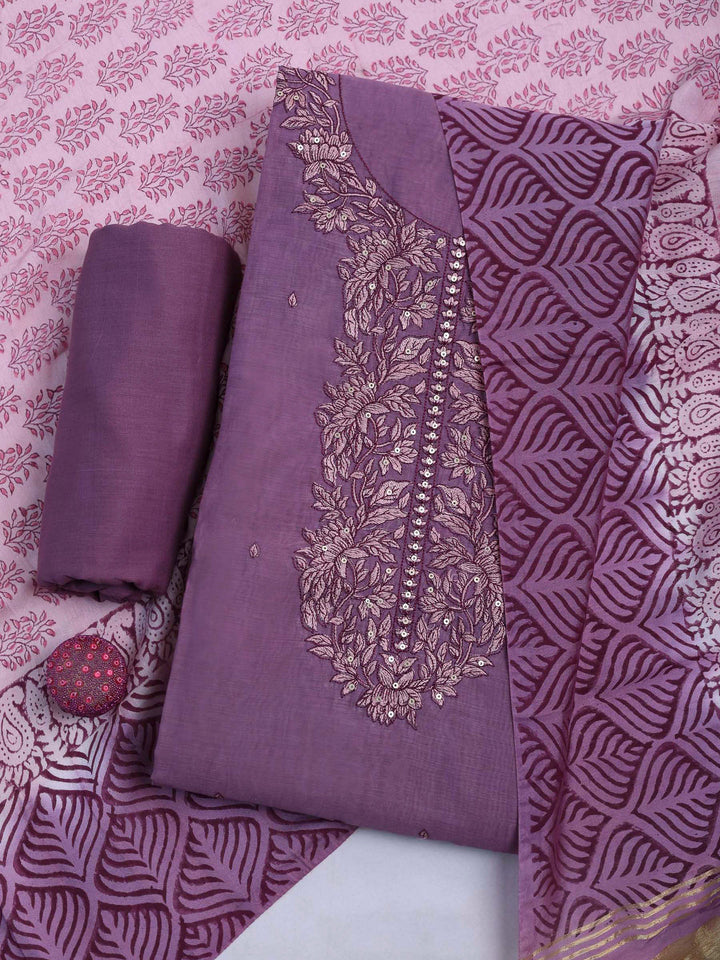 Lavender Chanderi Embroidered Unstitched Dress Material