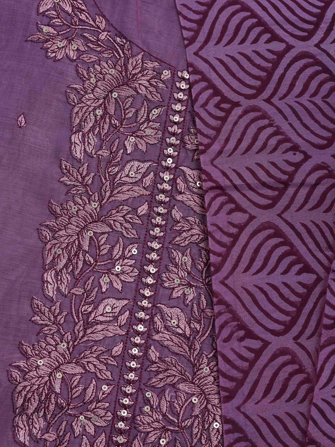 Lavender Chanderi Embroidered Unstitched Dress Material