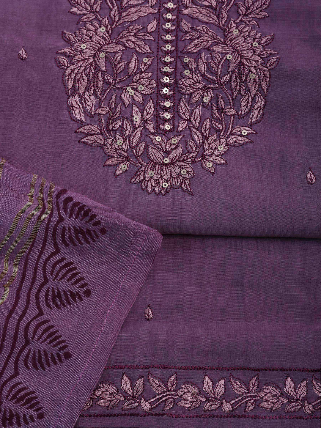Lavender Chanderi Embroidered Unstitched Dress Material