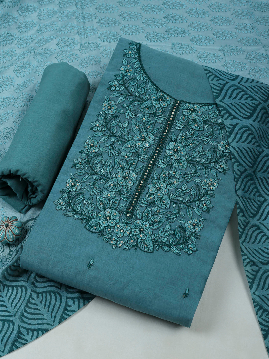 Aqua Blue Chanderi Embroidered Unstitched Dress Material