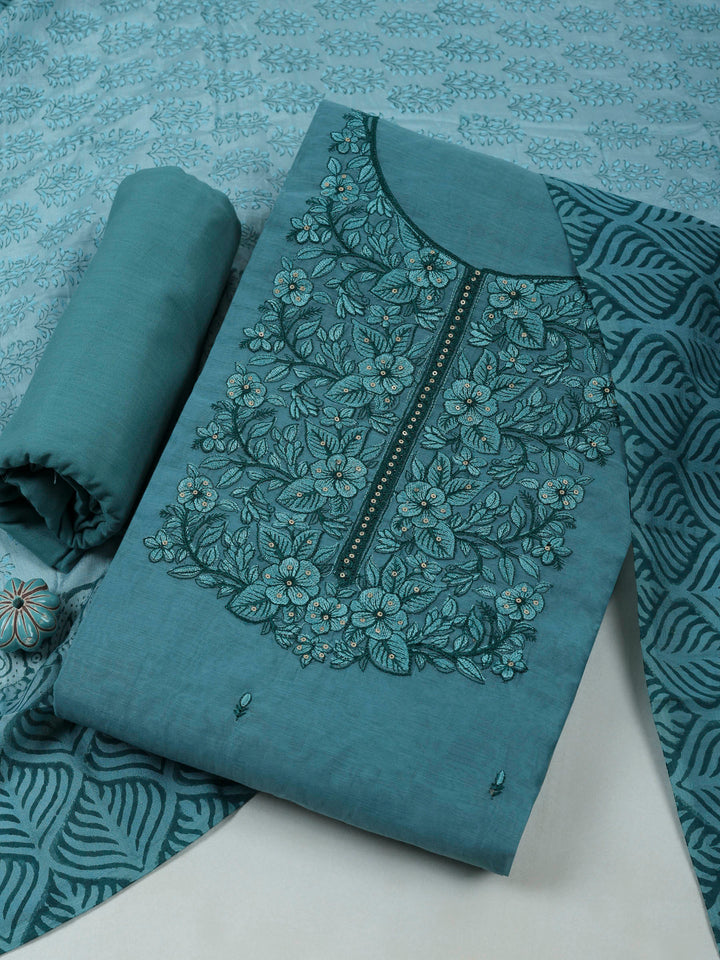 Aqua Blue Chanderi Embroidered Unstitched Dress Material