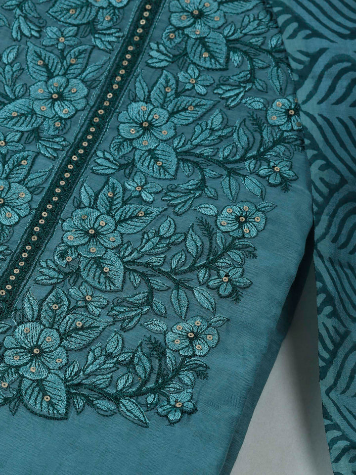 Aqua Blue Chanderi Embroidered Unstitched Dress Material