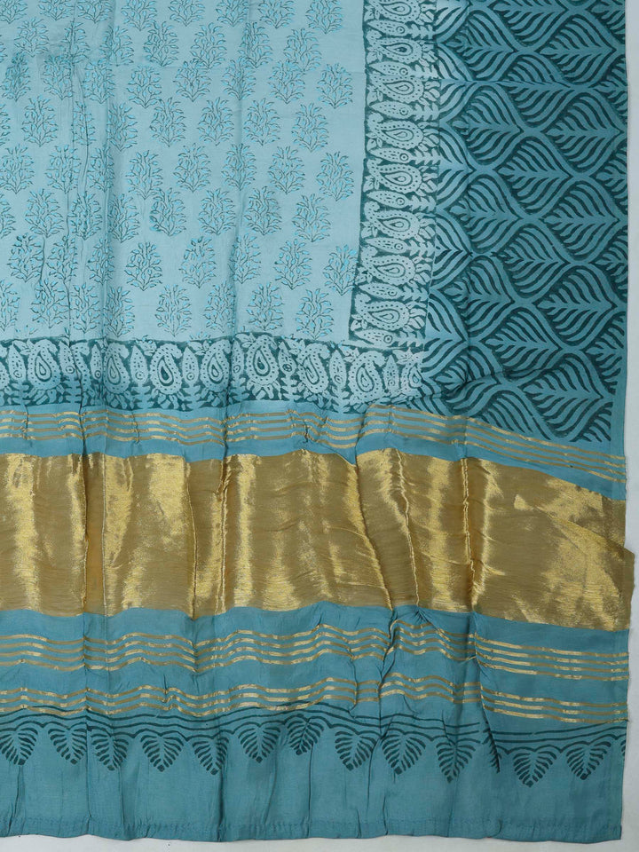 Aqua Blue Chanderi Embroidered Unstitched Dress Material