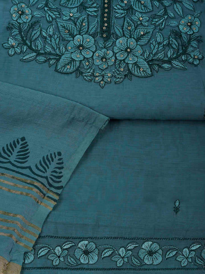 Aqua Blue Chanderi Embroidered Unstitched Dress Material