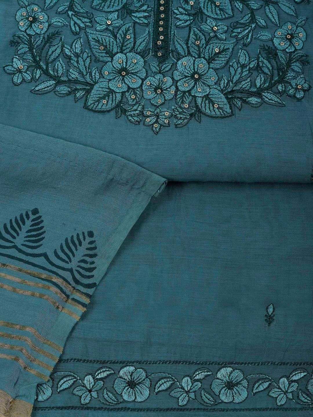Aqua Blue Chanderi Embroidered Unstitched Dress Material