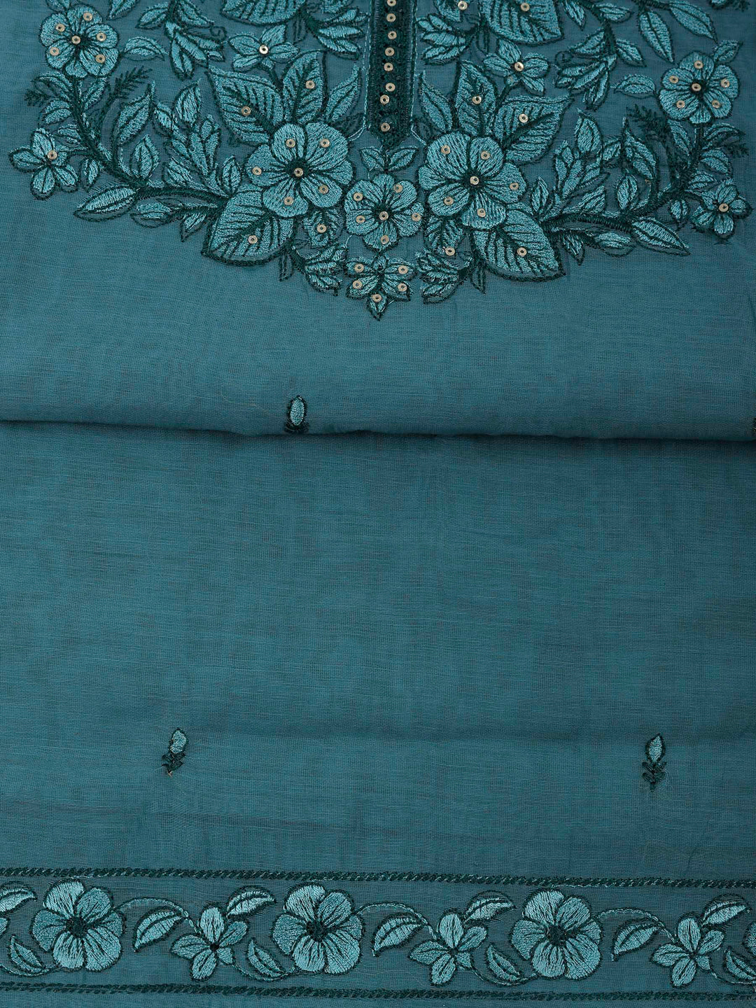 Aqua Blue Chanderi Embroidered Unstitched Dress Material