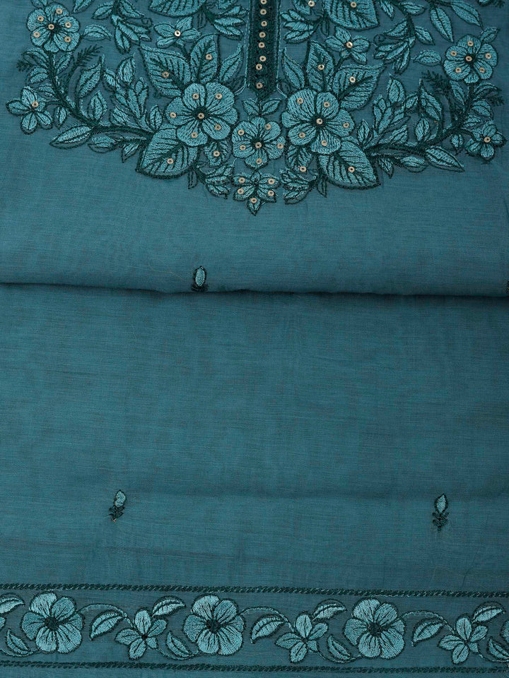 Aqua Blue Chanderi Embroidered Unstitched Dress Material