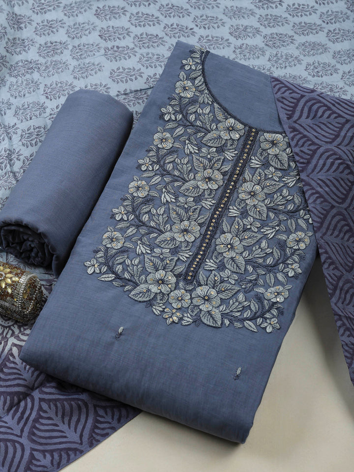 Grey Blue Chanderi Embroidered Unstitched Dress Material