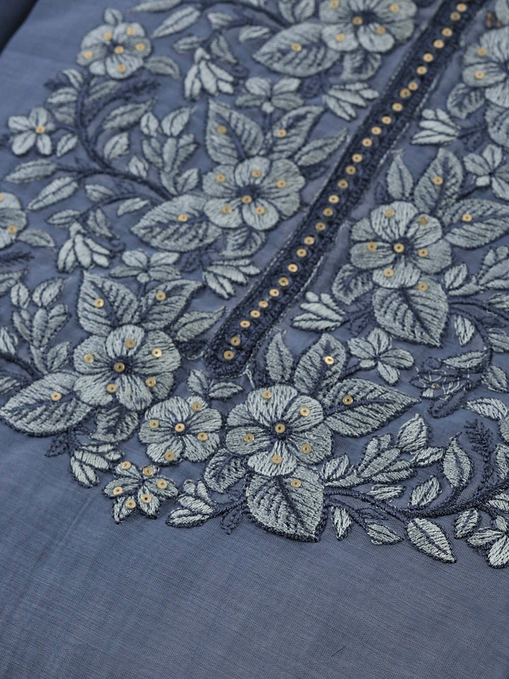 Grey Blue Chanderi Embroidered Unstitched Dress Material
