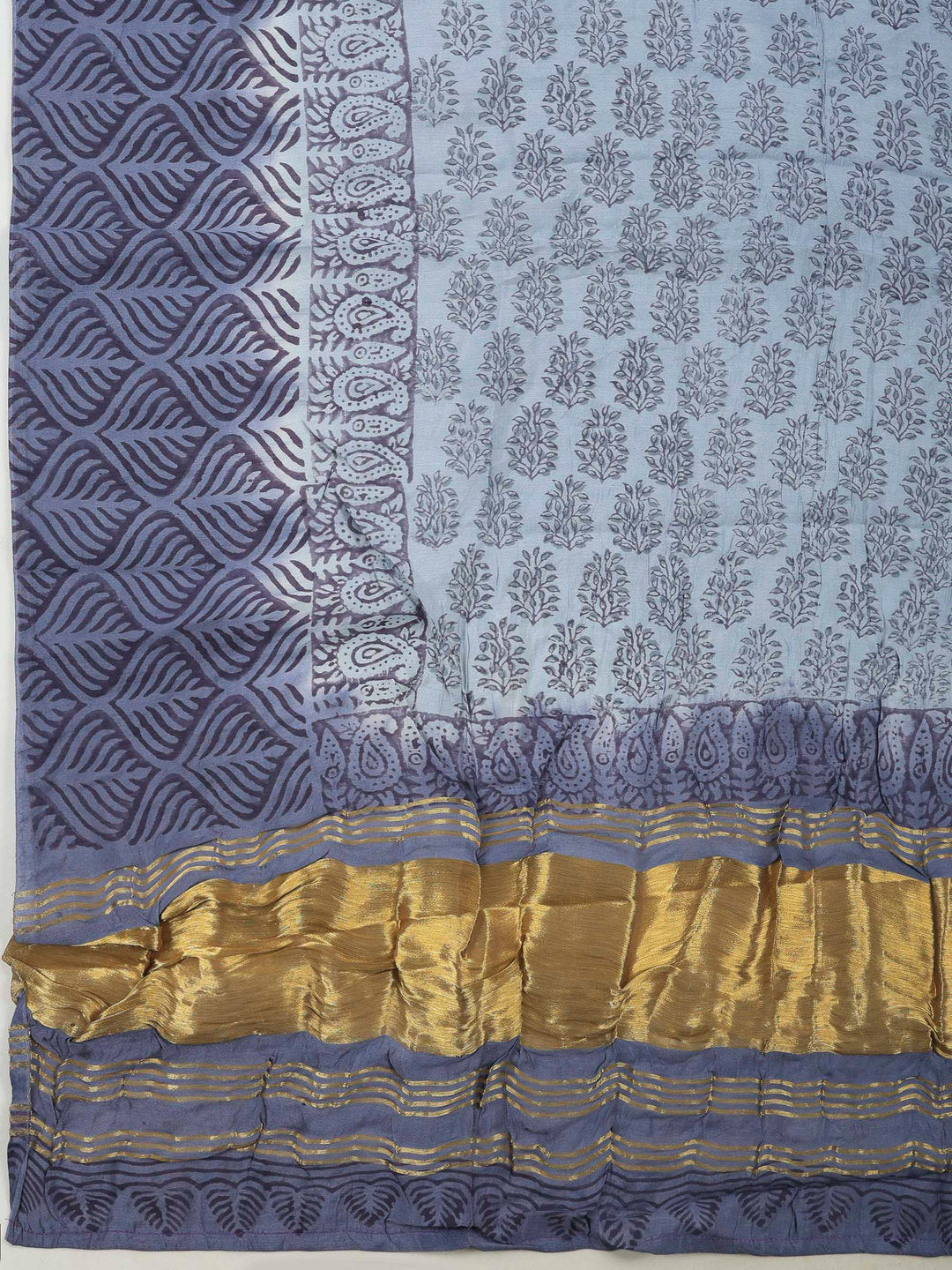 Grey Blue Chanderi Embroidered Unstitched Dress Material