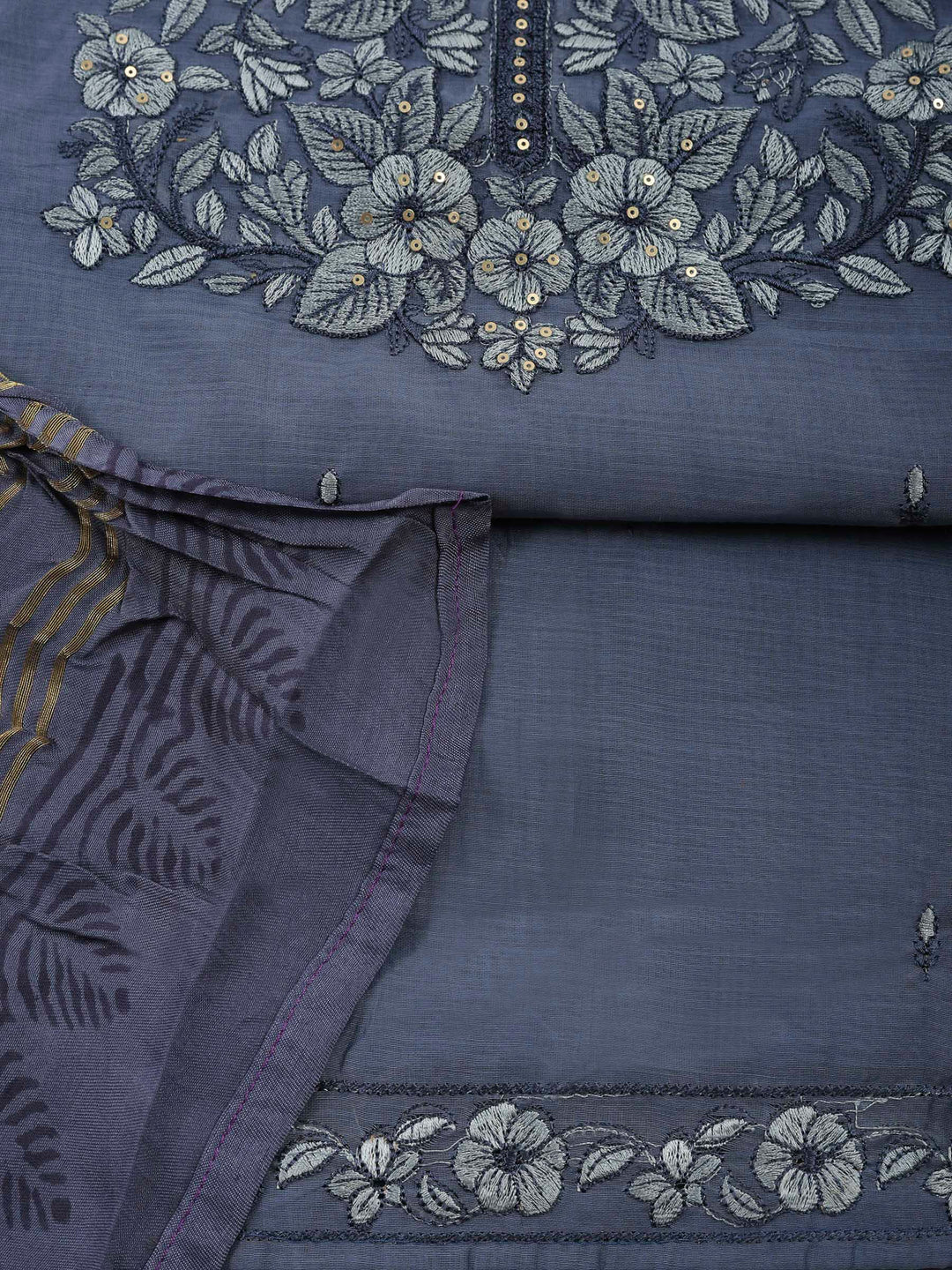 Grey Blue Chanderi Embroidered Unstitched Dress Material