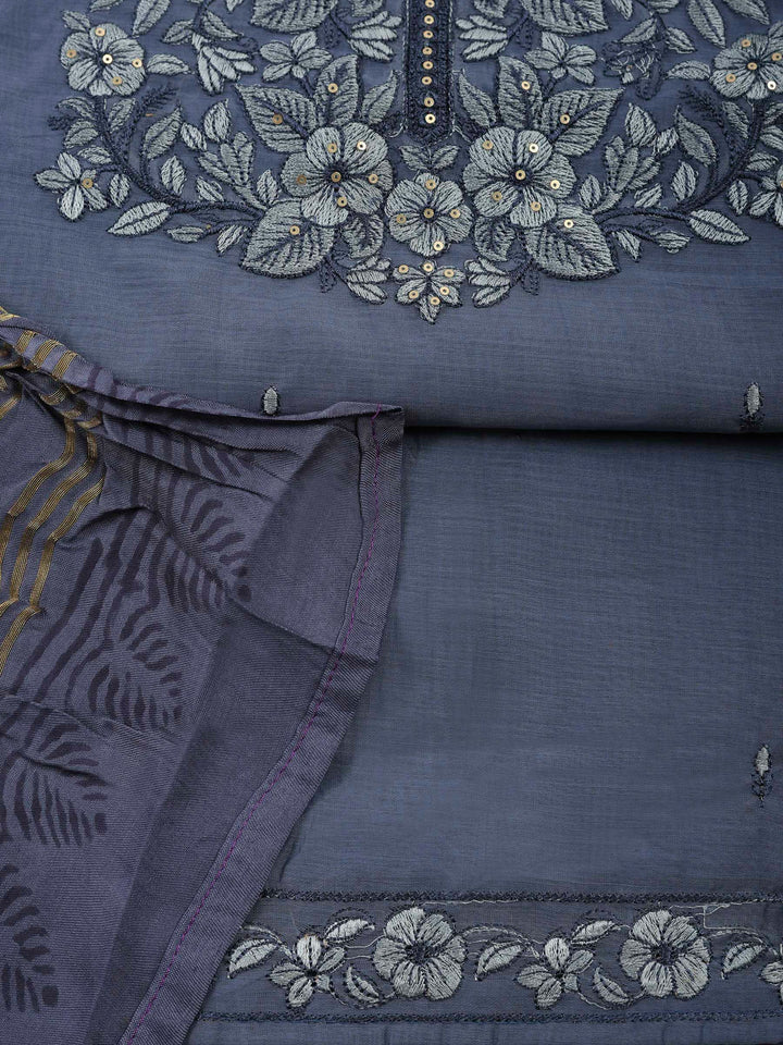 Grey Blue Chanderi Embroidered Unstitched Dress Material